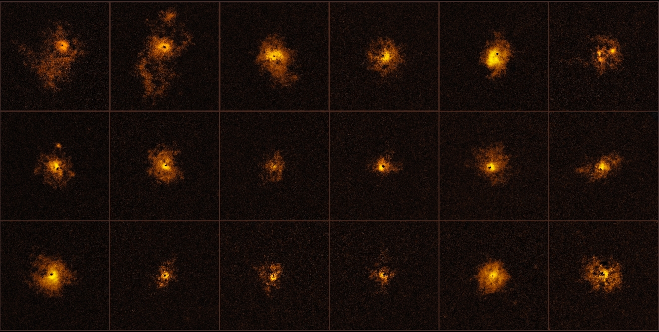 Mosaico com 18 dos 19 quasares observados com o MUSE