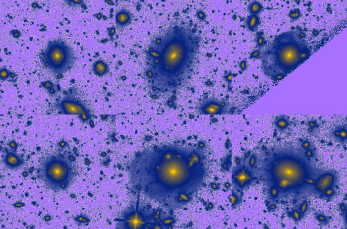 Mosaico com imagens no infravermelho das seis galáxias elípticas massivas a meio da idade atual do Universo que se encontram no Campo Ultra Profundo do Hubble (HUDF).