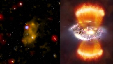 Esquerda - Imagem composta de uma rádio galáxia e bolha de gás, no visível, infravermelhos e raios X. Direita – Imagem artística da galáxia, com emissão de jatos.