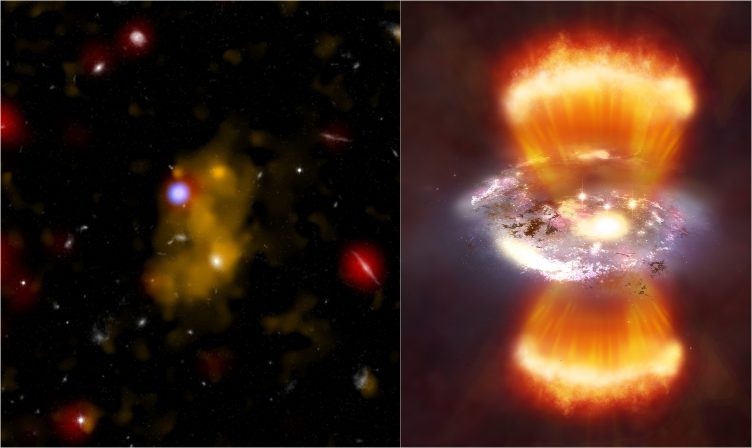 Esquerda - Imagem composta de uma rádio galáxia e bolha de gás, no visível, infravermelhos e raios X. Direita – Imagem artística da galáxia, com emissão de jatos.