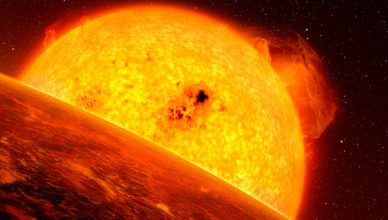 Imagem artística, com detalhe do exoplaneta Corot-7b.