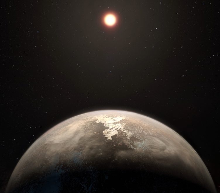 Imagem artística do exoplaneta Ross 128 b, com a sua estrela, uma anã vermelha pouco ativa no topo.