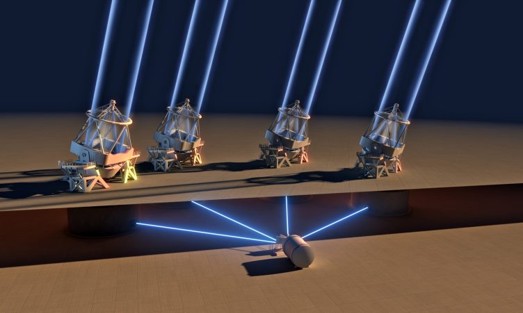 Imagem artística do espetrógrafo ESPRESSO a receber a luz dos quatro telescópios de 8,2 metros do VLT.