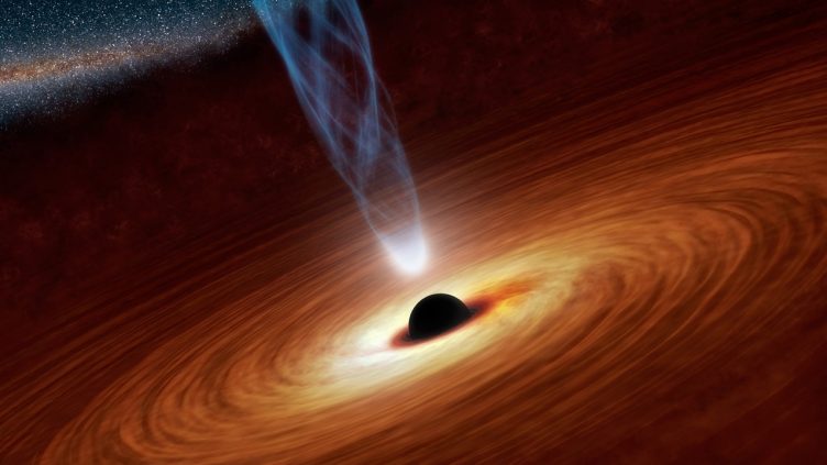 Conceção artística de um buraco negro supermassivo, com milhões de massas solares.
