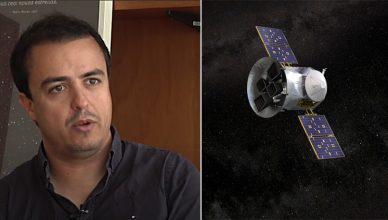 Tiago Campante, do Instituto de Astrofísica e Ciências do Espaço. À direita, imagem artística do satélite TESS no espaço.