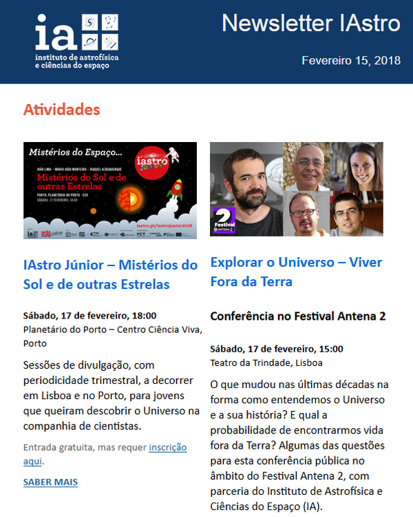 Newsletter IAstro : Fevereiro 2018