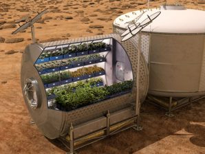 Artistic concept of a greenhouse on the surface of Mars for food production.