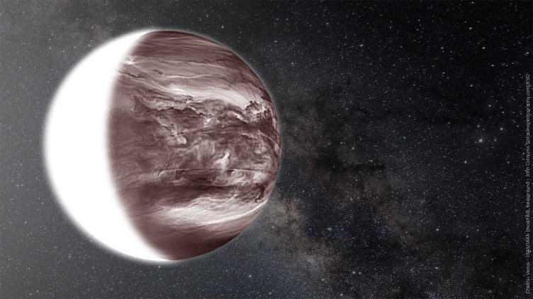 Composição de uma imagem de Vénus obtida no infravermelho, com a Via Láctea em fundo.