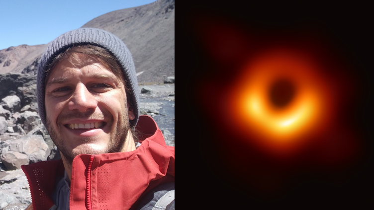 O investigador Hugo Messias, membro do Observatório ALMA e colaborador do IA, e a primeira imagem de um buraco negro, localizado no centro da galáxia Messier 87.