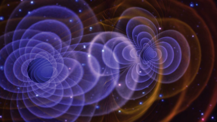 Ilustração das ondas gravitacionais produzidas por um binário de buracos negros.