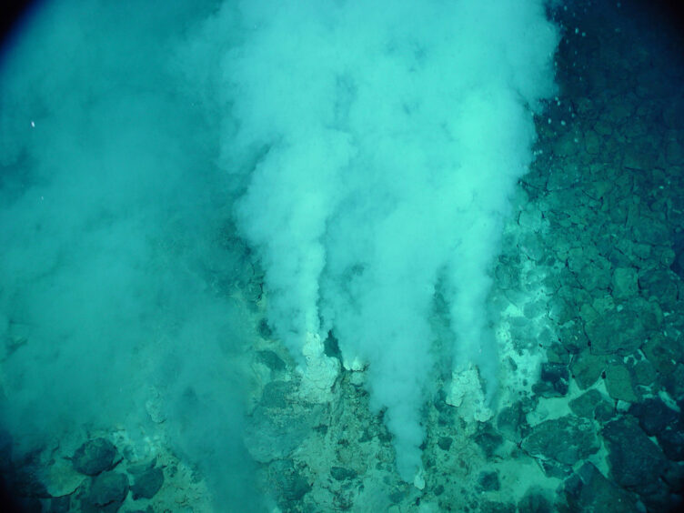 Uma fonte hidrotermal no fundo oceânico terrestre que liberta uma grande quantidade de compostos químicos e que são uma fonte de alimento para vários microorganismos. 
