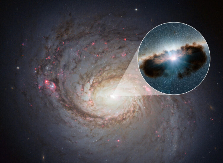 Imagem da galáxia ativa NGC 1068, obtida com o Telescópio Espacial Hubble e modificada para ilustrar a presença do buraco negro supermassivo central. 