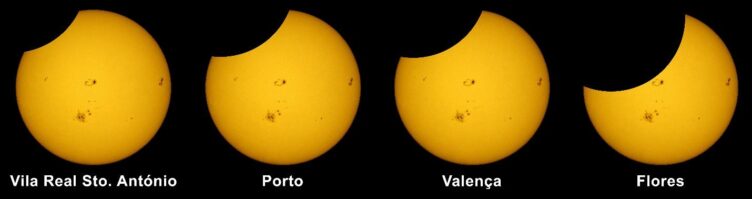 Simulação do Eclipse de 10 de junho de 2021 em algumas localidades portuguesas. 