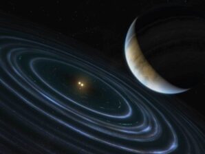 Conceção artística de um planeta que ocupa uma órbita improvável em torno de uma estrela dupla