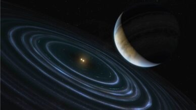 Conceção artística de um planeta que ocupa uma órbita improvável em torno de uma estrela dupla