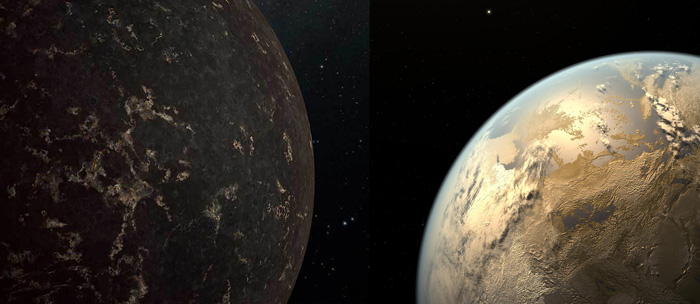 Conceções artísticas de dois planetas rochosos, não muito diferentes da Terra em tamanho e massa. 