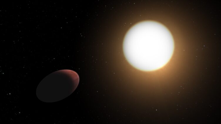 Imagem artística do exoplaneta com forma de bola de rugby, WASP-103b, a orbitar a sua estrela-mãe.
