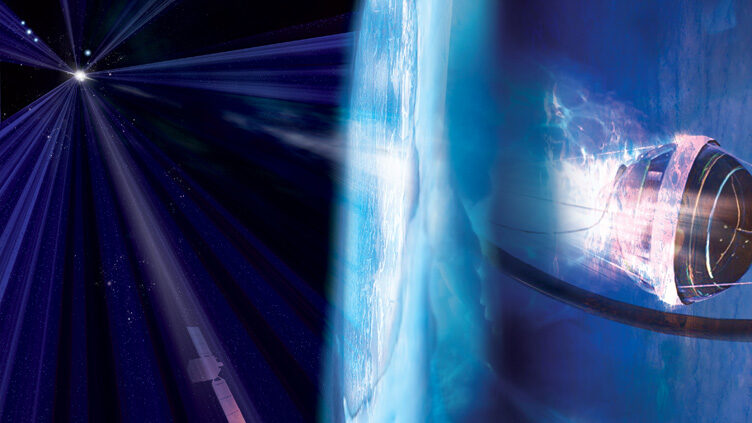 Conceção artística de um evento cósmico observado pelo observatório de neutrinos IceCube e pelo telescópio espacial nos raios Gama, o Fermi.