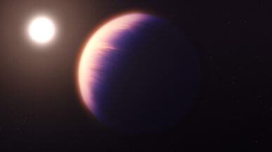 Conceção artística do exoplaneta WASP-39b e da sua estrela com base no conhecimento atual.