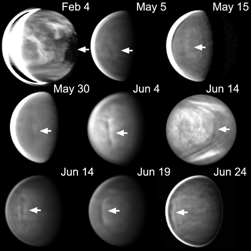 Imagens que evidenciam a descontinuidade no coberto de nuvens de Vénus durante o ano de 2022. 