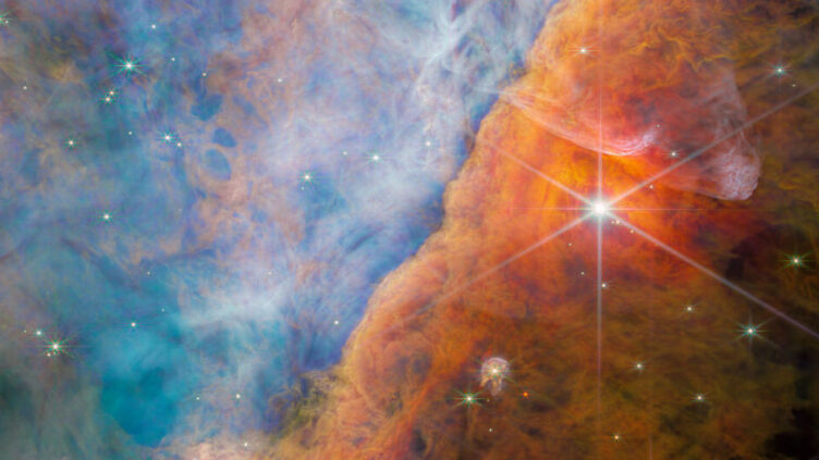 Imagem obtida no infravermelho, com o telescópio espacial James Webb, de um detalhe da Nebulosa de Orionte.