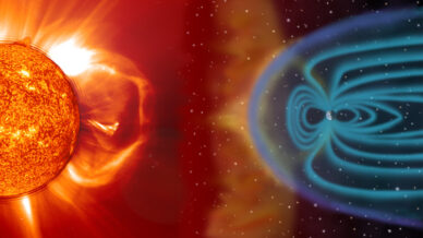 Representação da uma ejeção de massa coronal do Sol e da sua interação com o campo magnético da Terra.