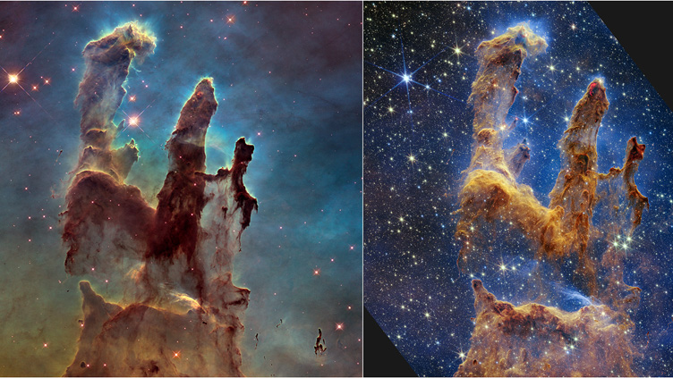 Pormenor da Nebulosa da Águia, observado à esquerda, na luz visível, pelo Telescópio Espacial Hubble, e à direita, na luz infravermelha, pelo Telescópio Espacial James Webb.