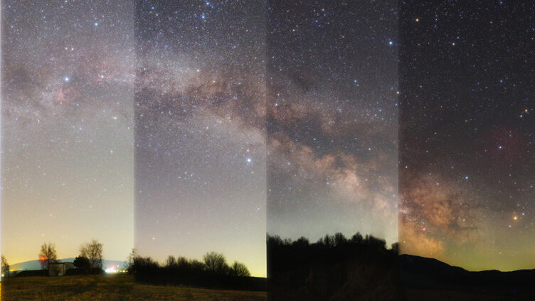 Composição de imagens que ilustra a degradação do céu noturno produzida pela iluminação artificial