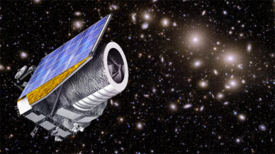 Conceção artística do telescópio espacial Euclid, e em fundo uma das primeiras imagens obtidas com este telescópio