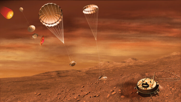Conceção artística da sonda Huygens (ESA) a descer e a aterrar na superfície de Titã, em 2005. 