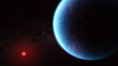 Representação artística do exoplaneta K2-18b, mais pequeno que Neptuno, um planeta recentemente observado pelo telescópio espacial James Webb